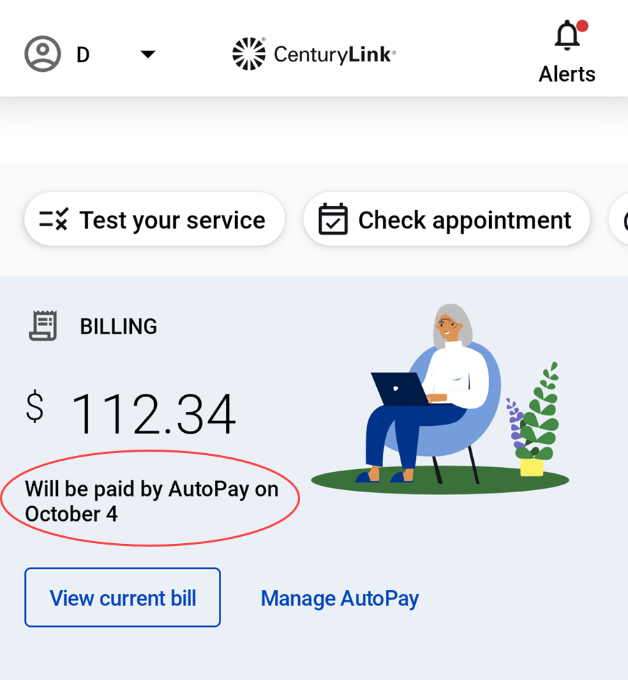 CenturyLink app home screen showing AutoPay is active