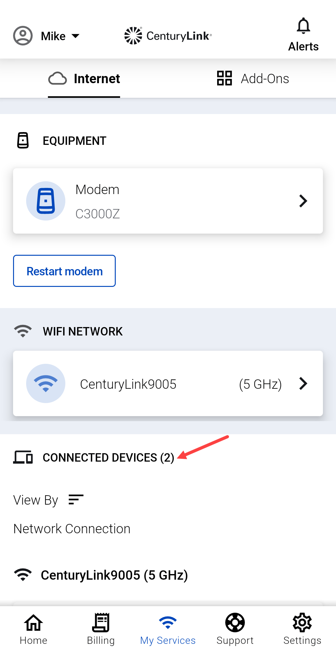 screenshot from app showing connected devices on the Internet services screen