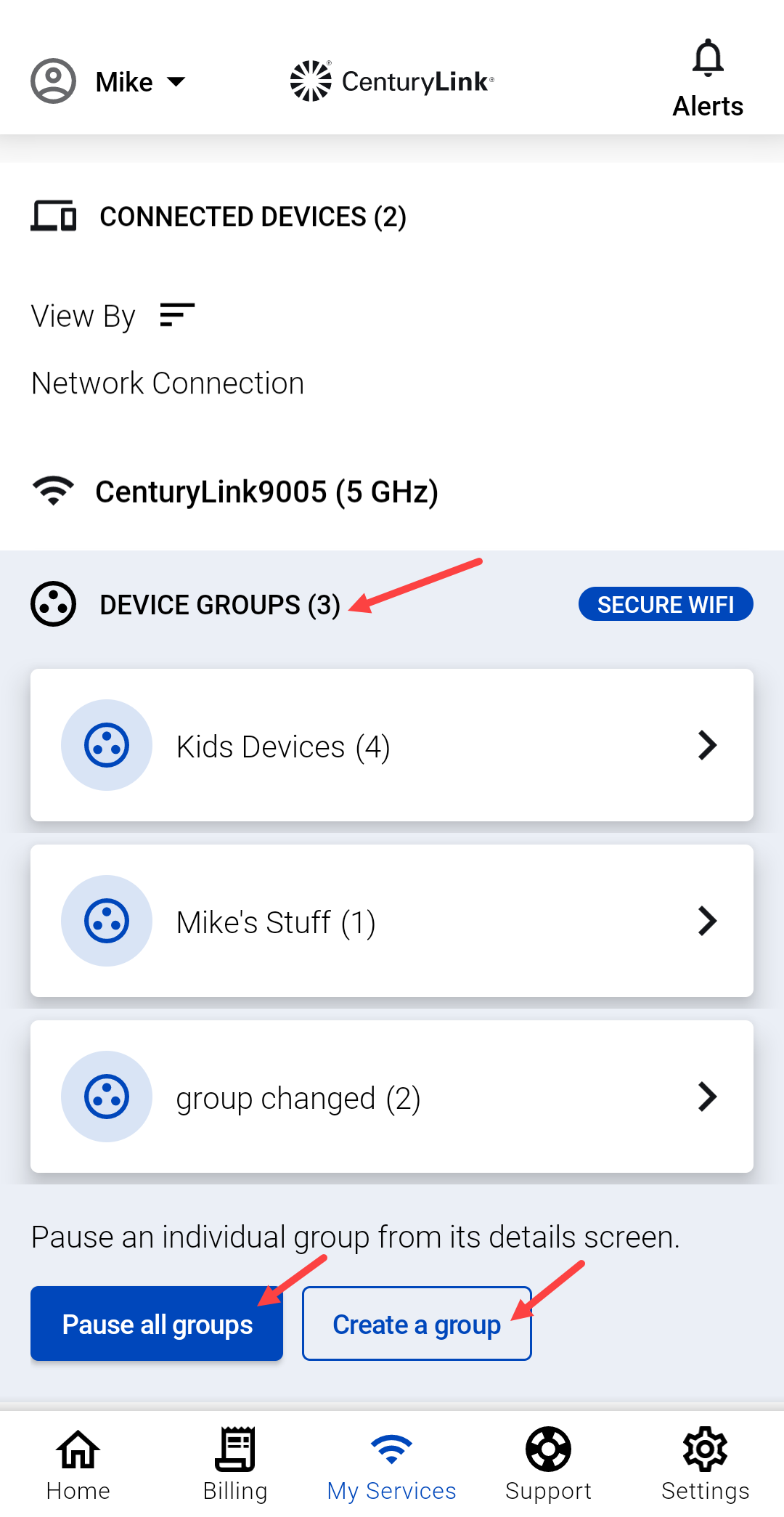 Internet screen of app showing device groups for Secure WiFi