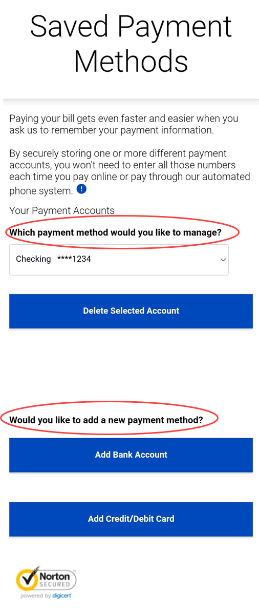app screenshot saved payment methods showing both a saved payment and options to add methods