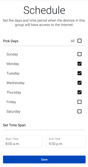 screenshot from app showing Schedule options