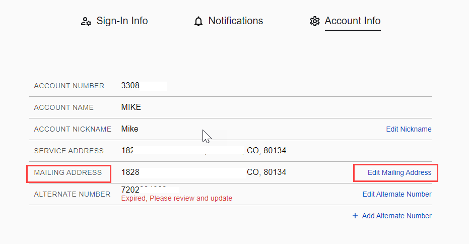 My CenturyLink Settings screen with Mailing Address outlined