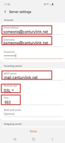 Screenshot - Android email incoming server settings