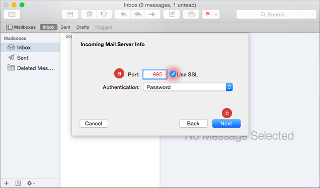 screenshot of email setup for Mac, showing incoming port server settings