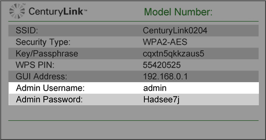 modem label - admin username and password